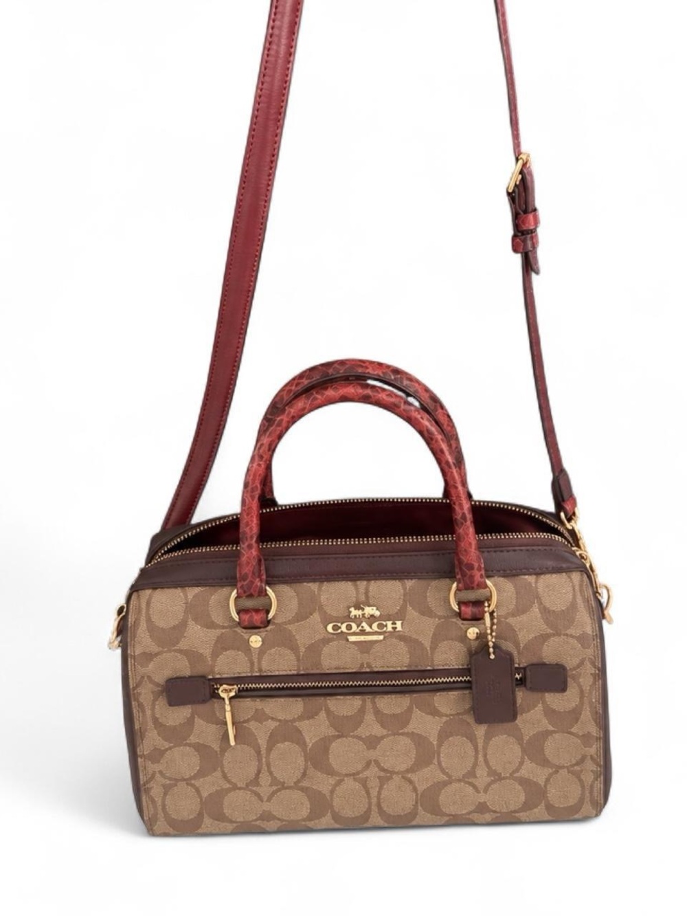 Coach Brown Signature Satchel with Red Handles and Strap